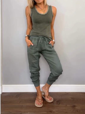 Conjunto Feminino Casual de Algodão e Linho de Duas Peças