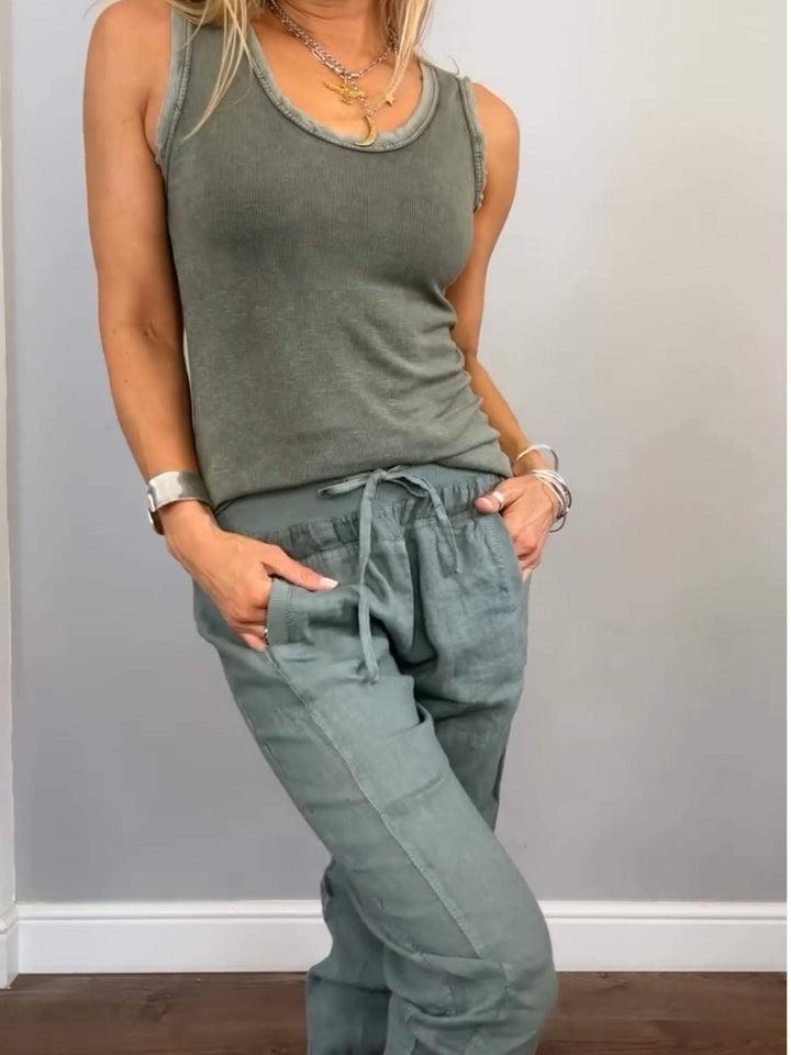 Conjunto Feminino Casual de Algodão e Linho de Duas Peças