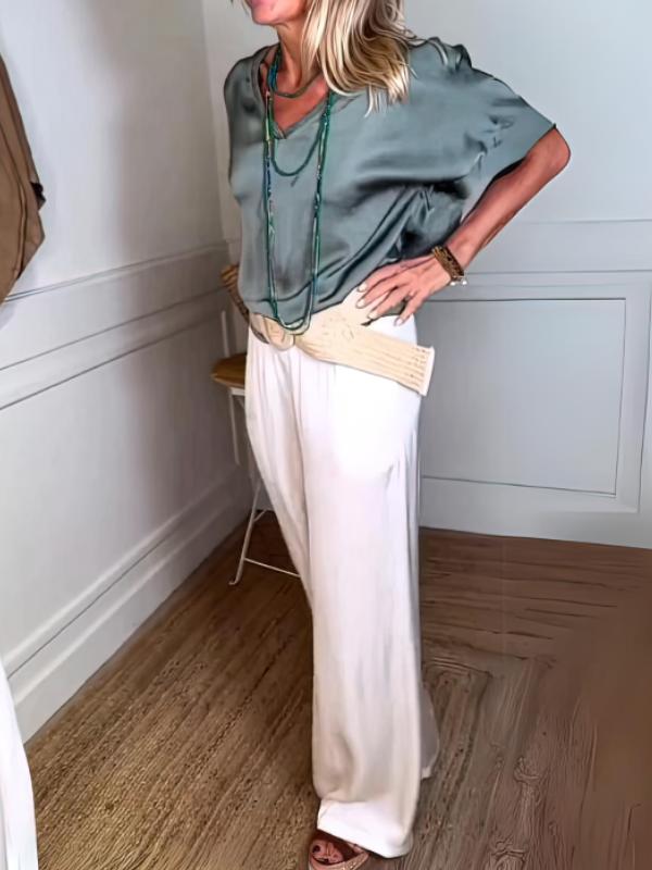 Conjunto Feminino Casual de Blusas de Cetim e Calças com Cordão de Duas Peças