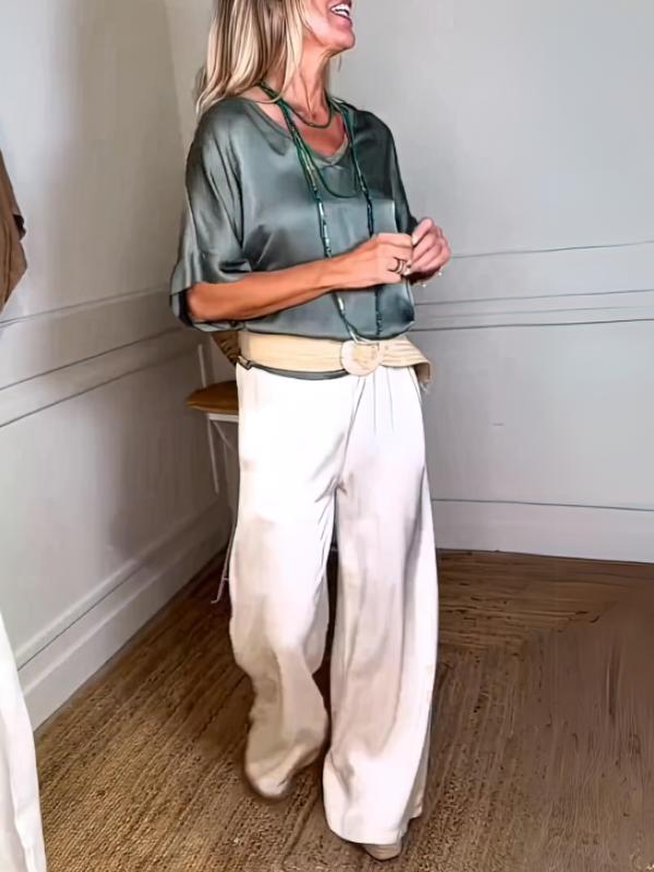 Conjunto Feminino Casual de Blusas de Cetim e Calças com Cordão de Duas Peças