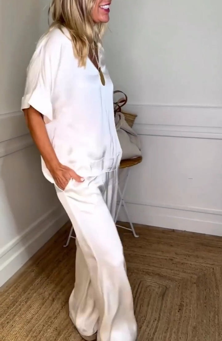 Conjunto Feminino Casual de Blusas de Cetim e Calças com Cordão de Duas Peças