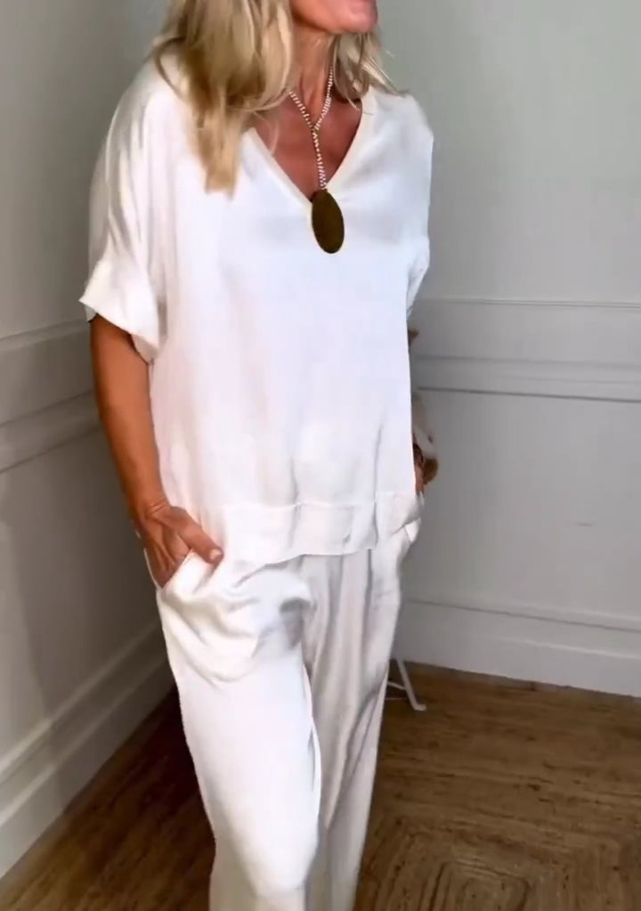 Conjunto Feminino Casual de Blusas de Cetim e Calças com Cordão de Duas Peças