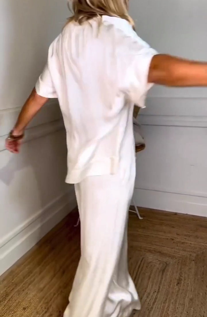 Conjunto Feminino Casual de Blusas de Cetim e Calças com Cordão de Duas Peças