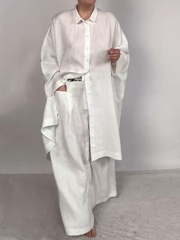 Conjunto Feminino Casual de Camisa Lisa e Calças de Duas Peças