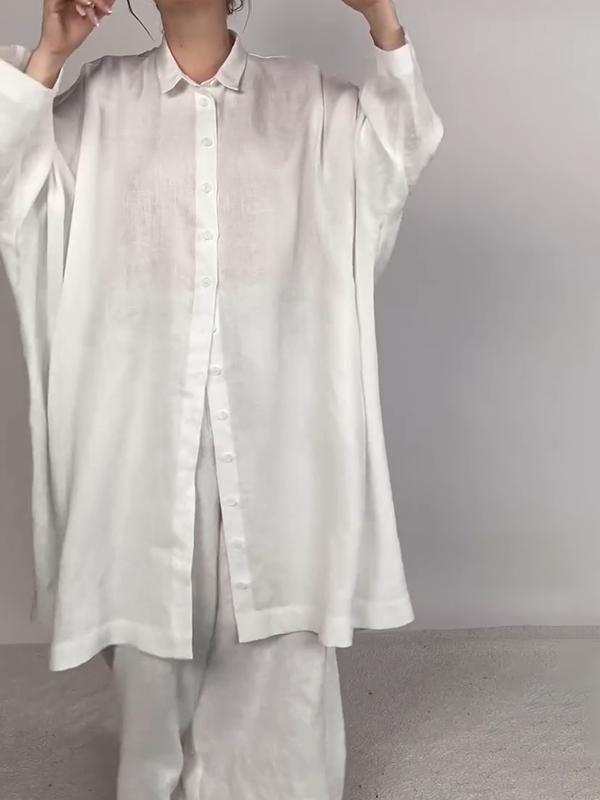 Conjunto Feminino Casual de Camisa Lisa e Calças de Duas Peças