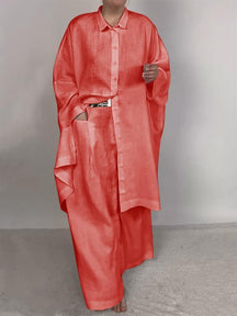 Conjunto Feminino Casual de Camisa Lisa e Calças de Duas Peças