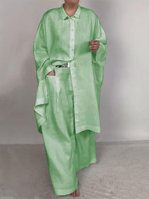 Conjunto Feminino Casual de Camisa Lisa e Calças de Duas Peças