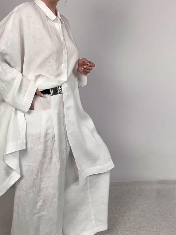 Conjunto Feminino Casual de Camisa Lisa e Calças de Duas Peças