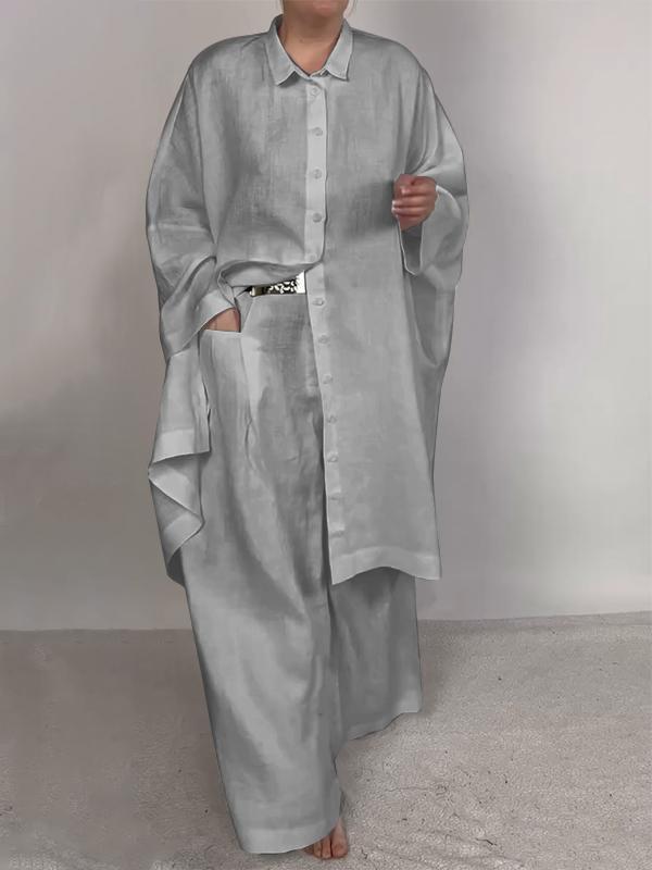 Conjunto Feminino Casual de Camisa Lisa e Calças de Duas Peças