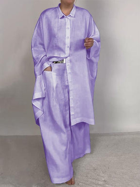 Conjunto Feminino Casual de Camisa Lisa e Calças de Duas Peças