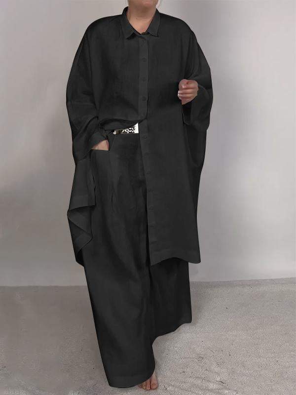 Conjunto Feminino Casual de Camisa Lisa e Calças de Duas Peças