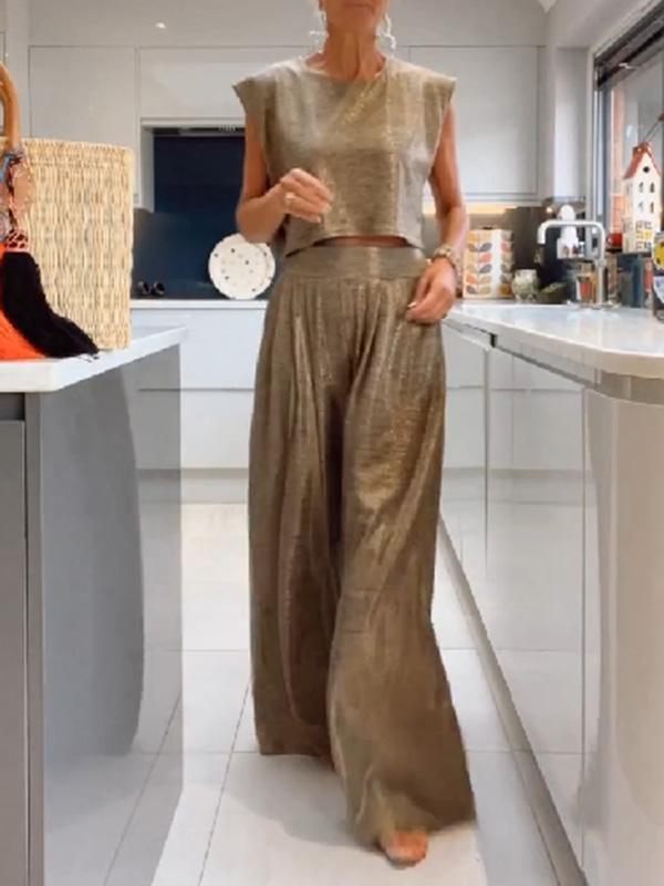 Conjunto Feminino Casual de Colete Brilhante e Calças de Perna Larga de Duas Peças