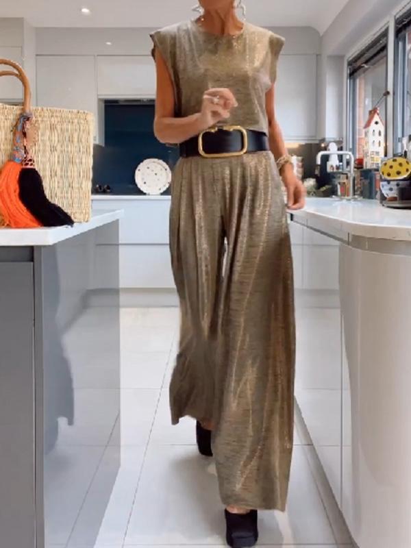 Conjunto Feminino Casual de Colete Brilhante e Calças de Perna Larga de Duas Peças