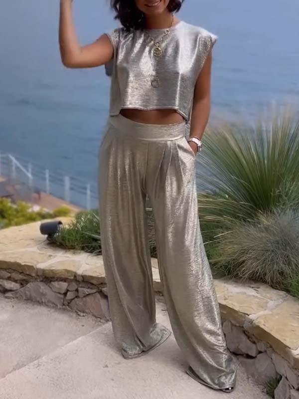 Conjunto Feminino Casual de Colete Brilhante e Calças de Perna Larga de Duas Peças - 15