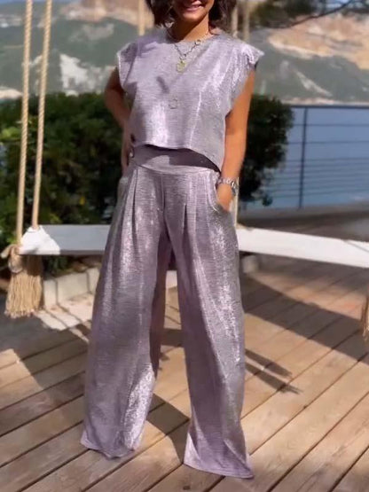 Conjunto Feminino Casual de Colete Brilhante e Calças de Perna Larga de Duas Peças - 14