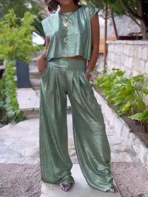 Conjunto Feminino Casual de Colete Brilhante e Calças de Perna Larga de Duas Peças