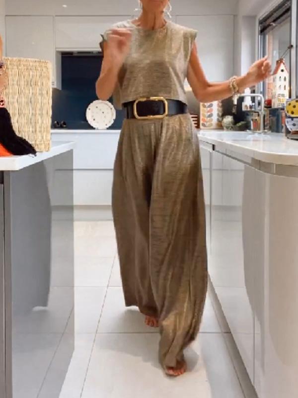 Conjunto Feminino Casual de Colete Brilhante e Calças de Perna Larga de Duas Peças