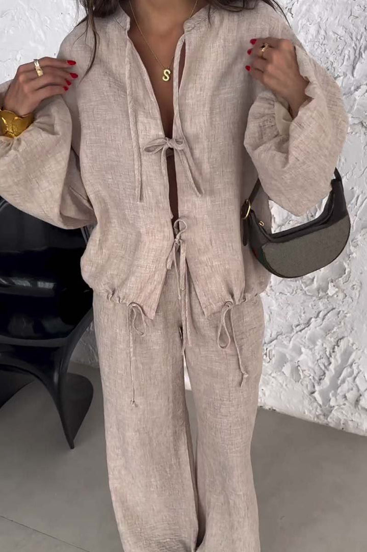 Conjunto Feminino Casual de Cor Sólida com Amarração de Duas Peças