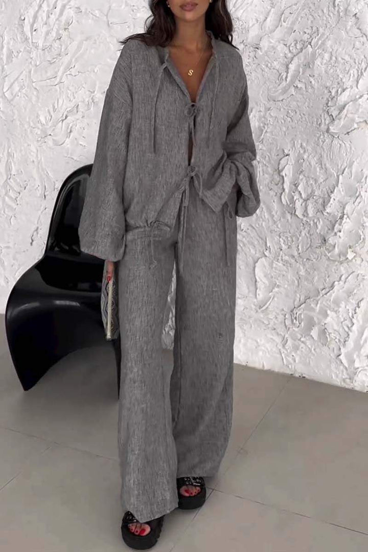 Conjunto Feminino Casual de Cor Sólida com Amarração de Duas Peças