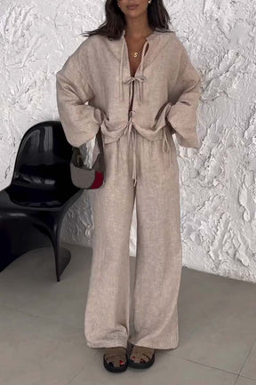 Conjunto Feminino Casual de Cor Sólida com Amarração de Duas Peças