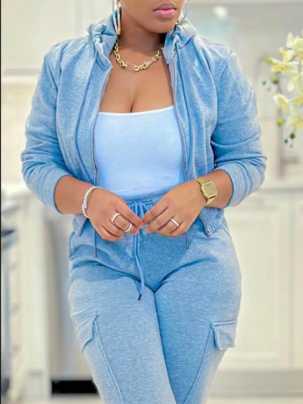 Conjunto Feminino Casual de Jaqueta com Zíper e Cordão e Calças Cargo com Múltiplos Bolsos