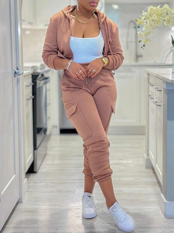 Conjunto Feminino Casual de Jaqueta com Zíper e Cordão e Calças Cargo com Múltiplos Bolsos