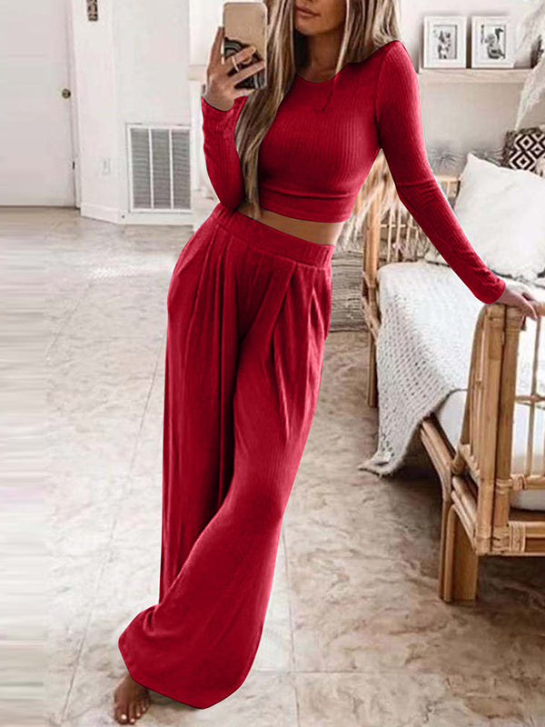 Conjunto Feminino Casual de Malha para Casa de Cor Sólida e Duas Peças