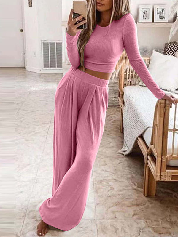 Conjunto Feminino Casual de Malha para Casa de Cor Sólida e Duas Peças
