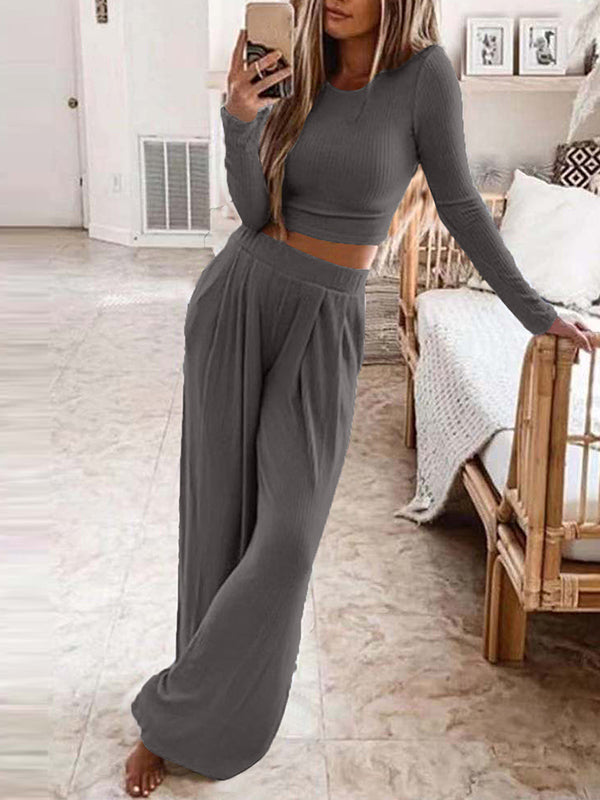 Conjunto Feminino Casual de Malha para Casa de Cor Sólida e Duas Peças