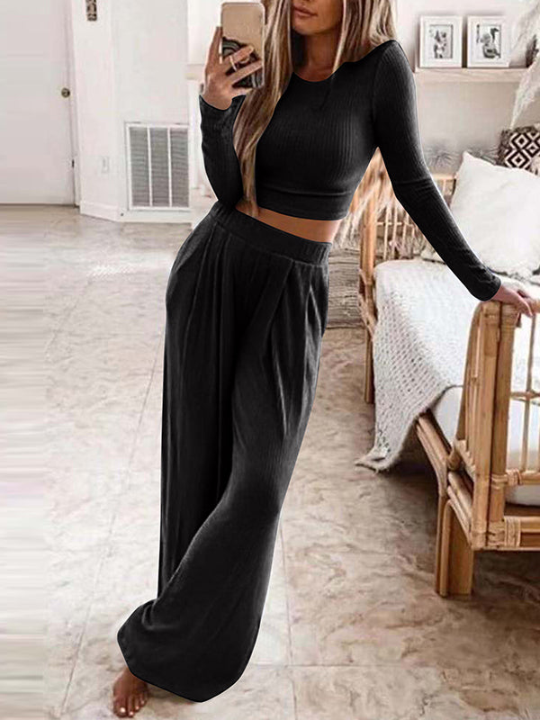 Conjunto Feminino Casual de Malha para Casa de Cor Sólida e Duas Peças