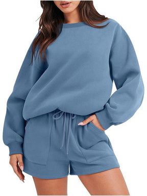 Conjunto Feminino Casual de Top com Manga Longa e Shorts com Gola Redonda