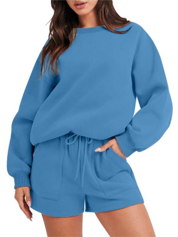 Conjunto Feminino Casual de Top com Manga Longa e Shorts com Gola Redonda