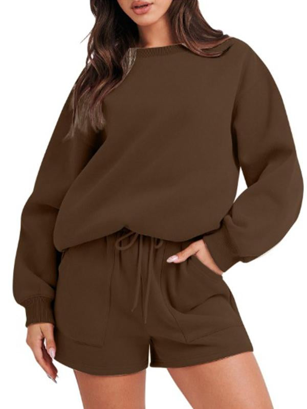 Conjunto Feminino Casual de Top com Manga Longa e Shorts com Gola Redonda