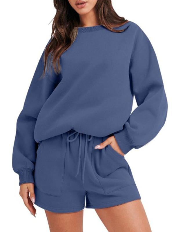 Conjunto Feminino Casual de Top com Manga Longa e Shorts com Gola Redonda