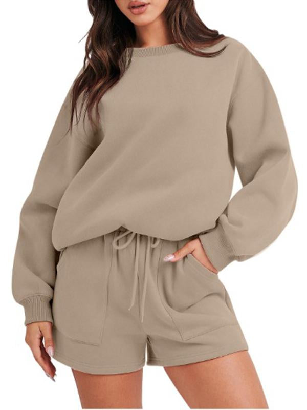 Conjunto Feminino Casual de Top com Manga Longa e Shorts com Gola Redonda