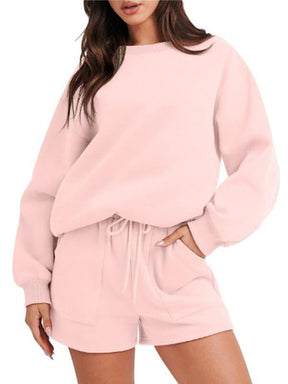 Conjunto Feminino Casual de Top com Manga Longa e Shorts com Gola Redonda