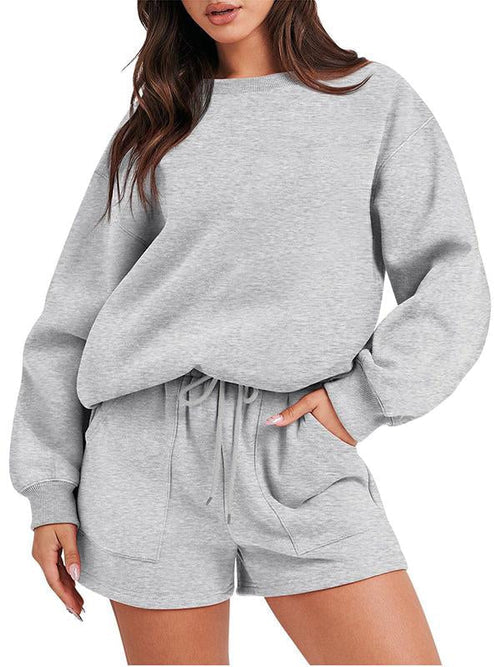 Conjunto Feminino Casual de Top com Manga Longa e Shorts com Gola Redonda