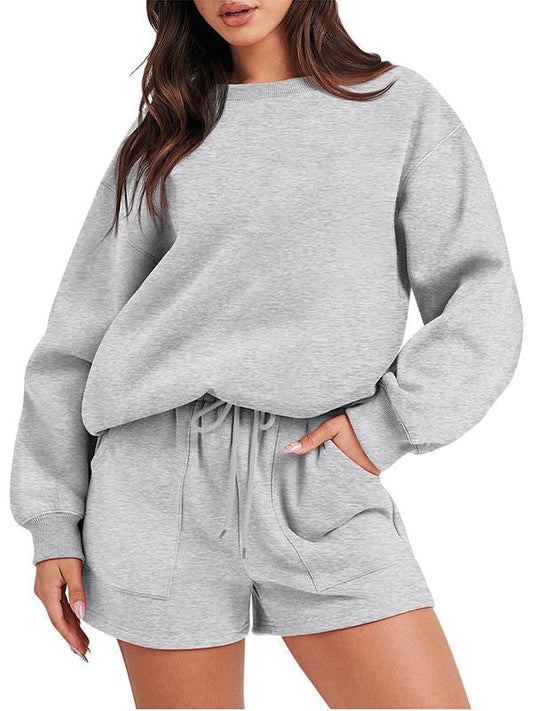 Conjunto Feminino Casual de Top com Manga Longa e Shorts com Gola Redonda