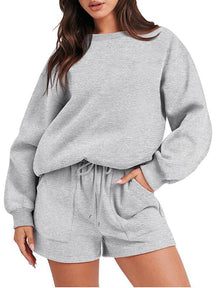 Conjunto Feminino Casual de Top com Manga Longa e Shorts com Gola Redonda