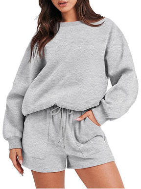 Conjunto Feminino Casual de Top com Manga Longa e Shorts com Gola Redonda