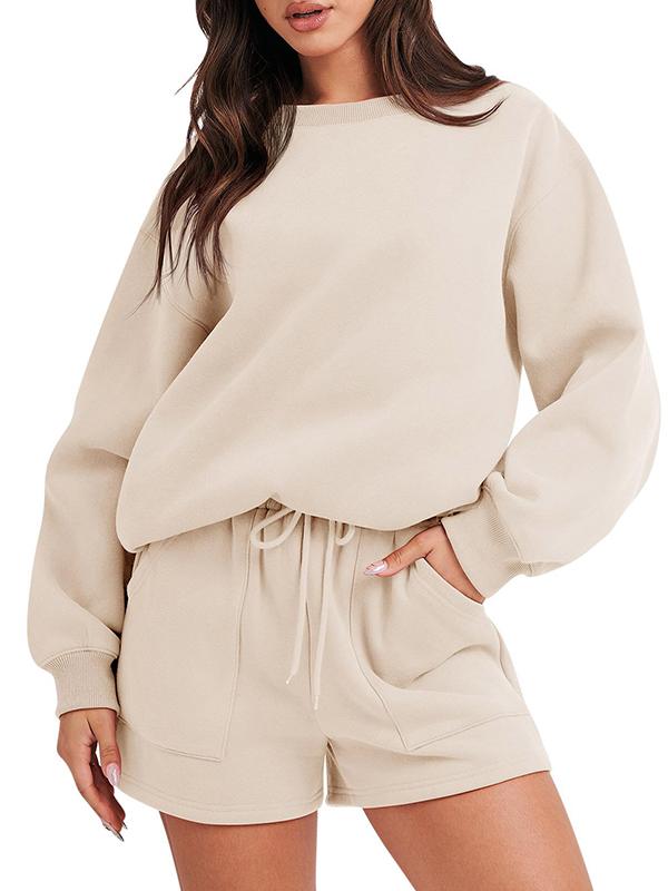 Conjunto Feminino Casual de Top com Manga Longa e Shorts com Gola Redonda