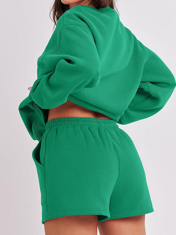 Conjunto Feminino Casual de Top com Manga Longa e Shorts com Gola Redonda