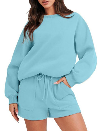 Conjunto Feminino Casual de Top com Manga Longa e Shorts com Gola Redonda - 12