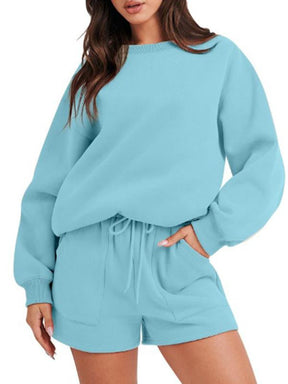 Conjunto Feminino Casual de Top com Manga Longa e Shorts com Gola Redonda