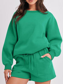 Conjunto Feminino Casual de Top com Manga Longa e Shorts com Gola Redonda