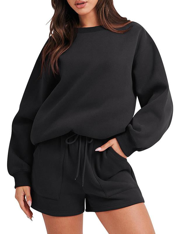 Conjunto Feminino Casual de Top com Manga Longa e Shorts com Gola Redonda