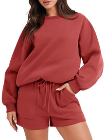 Conjunto Feminino Casual de Top com Manga Longa e Shorts com Gola Redonda