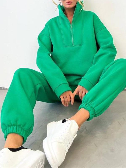 Conjunto Feminino Casual Esportivo de Duas Peças com Zíper e Gola Alta e Manga Longa