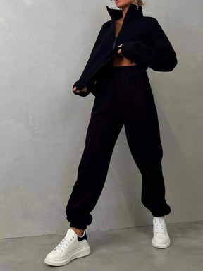 Conjunto Feminino Casual Esportivo de Duas Peças com Zíper e Gola Alta e Manga Longa