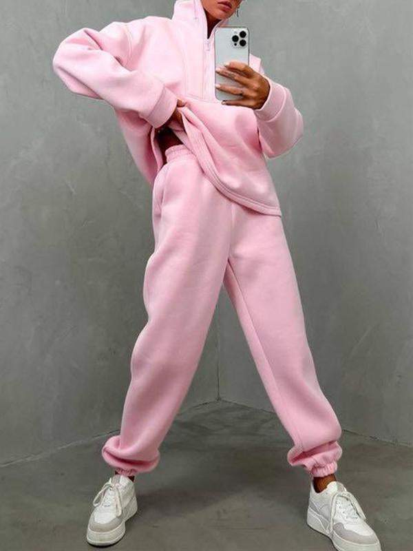 Conjunto Feminino Casual Esportivo de Duas Peças com Zíper e Gola Alta e Manga Longa